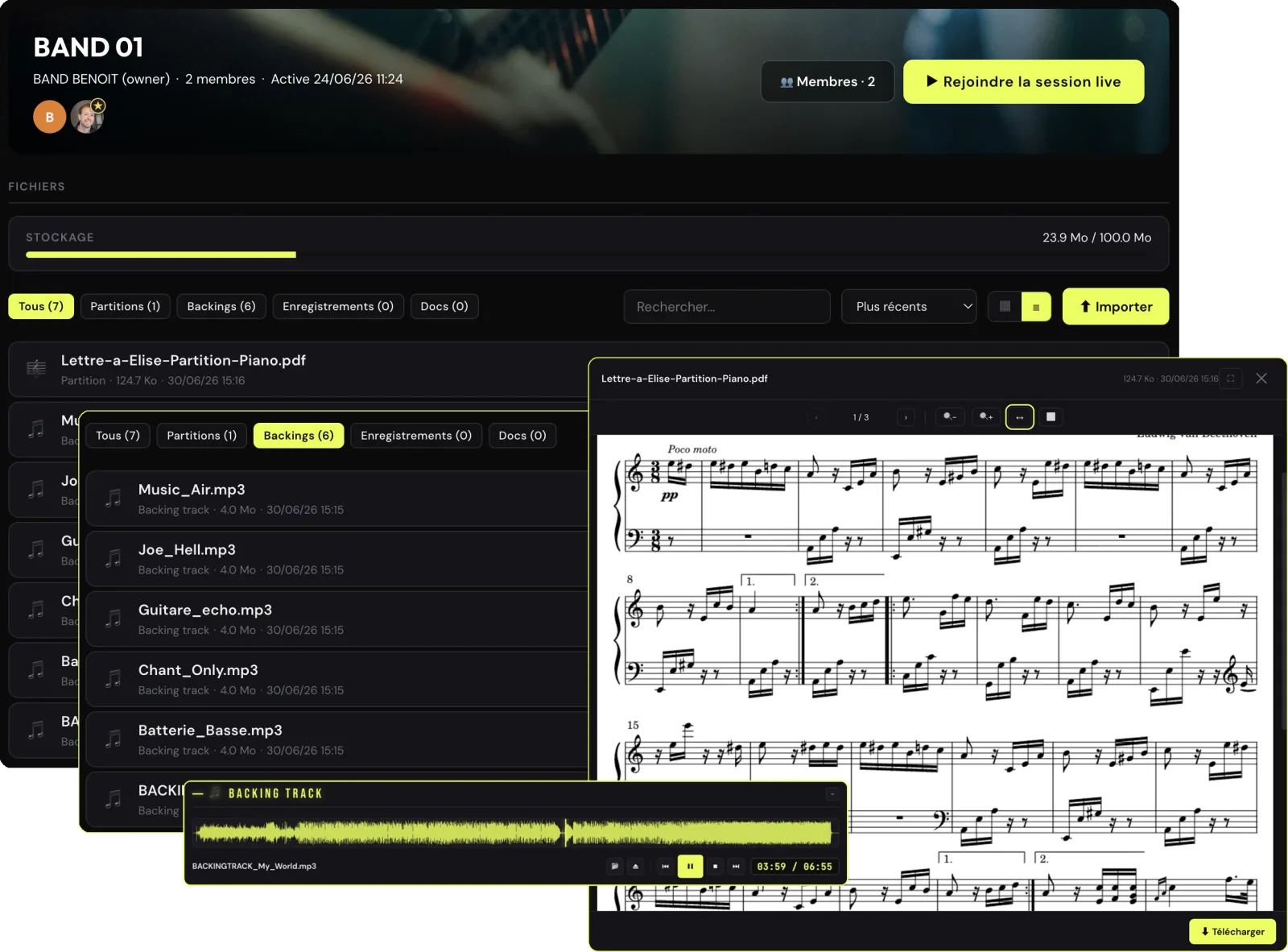 Bibliothèque d'assets persistante d'un studio Jamodio (partitions, backing tracks)