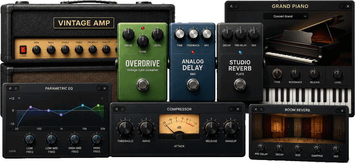 Plugins audio AU dans Jamodio — ampli vintage, overdrive, delay, reverb, piano virtuel, EQ paramétrique, compresseur