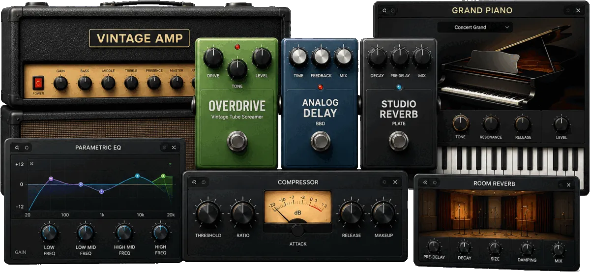 Plugins audio dans Jamodio : ampli, overdrive, delay, reverb, piano virtuel, égaliseur, compresseur