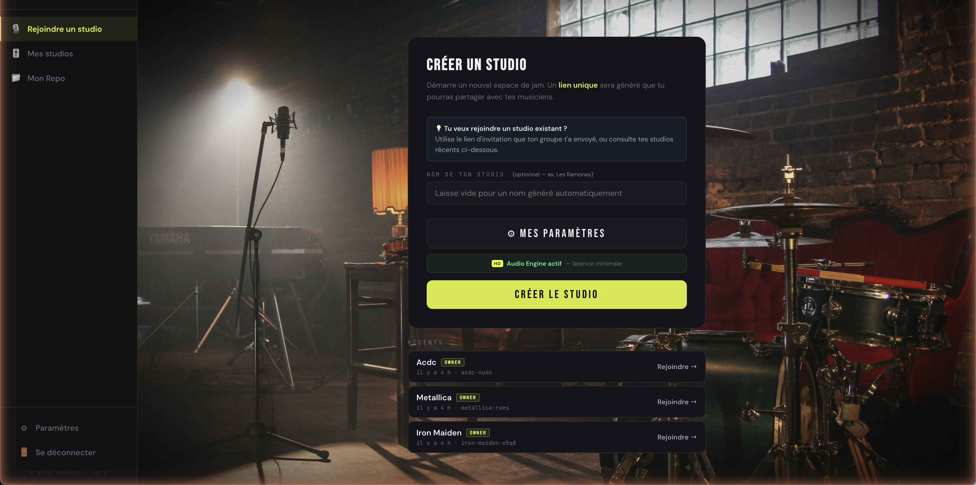 Interface Créer un studio dans Jamodio