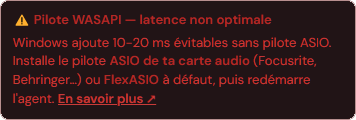 Badge orange « Pilote WASAPI — latence non optimale » dans Réglages audio Jamodio
