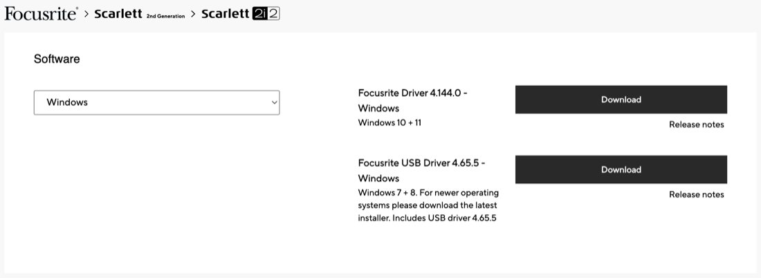 Page de téléchargement Focusrite : driver Windows 10/11 pour Scarlett