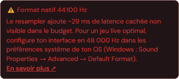 Badge orange « Format natif 44100 Hz » dans Réglages audio
