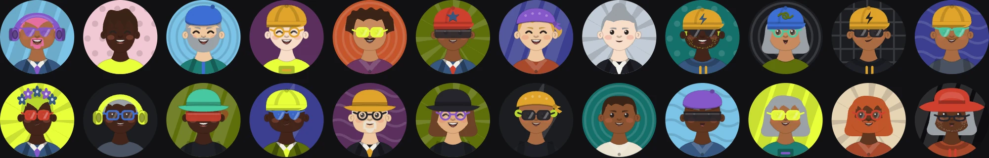 A wall of composed avatars: varied skin tones, hairstyles, glasses, headwear, outfits and backgrounds