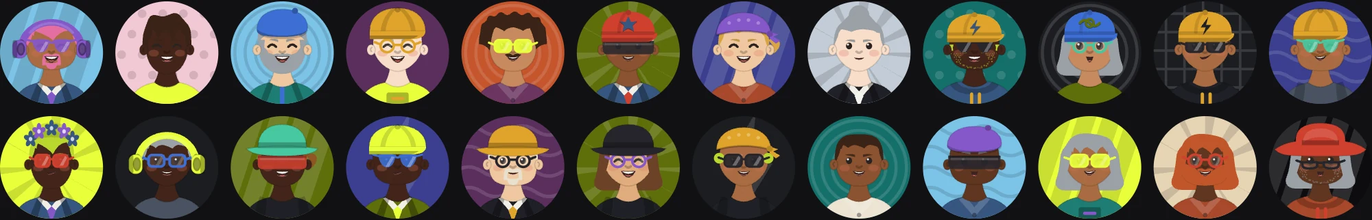 Un mur d'avatars composés : teints, coiffures, lunettes, couvre-chefs, tenues et fonds variés