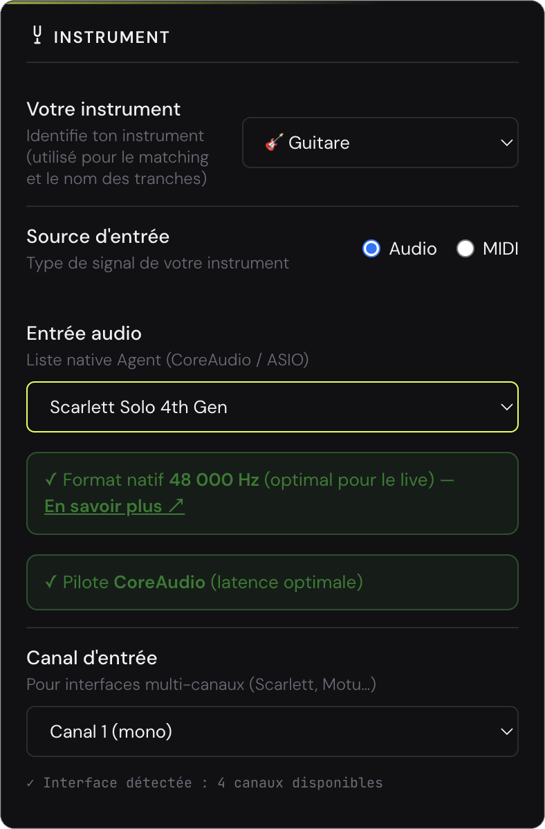 Panneau Instrument de Jamodio : Entrée audio sur Scarlett Solo, badges format 48 000 Hz et pilote CoreAudio, sélecteur de canal