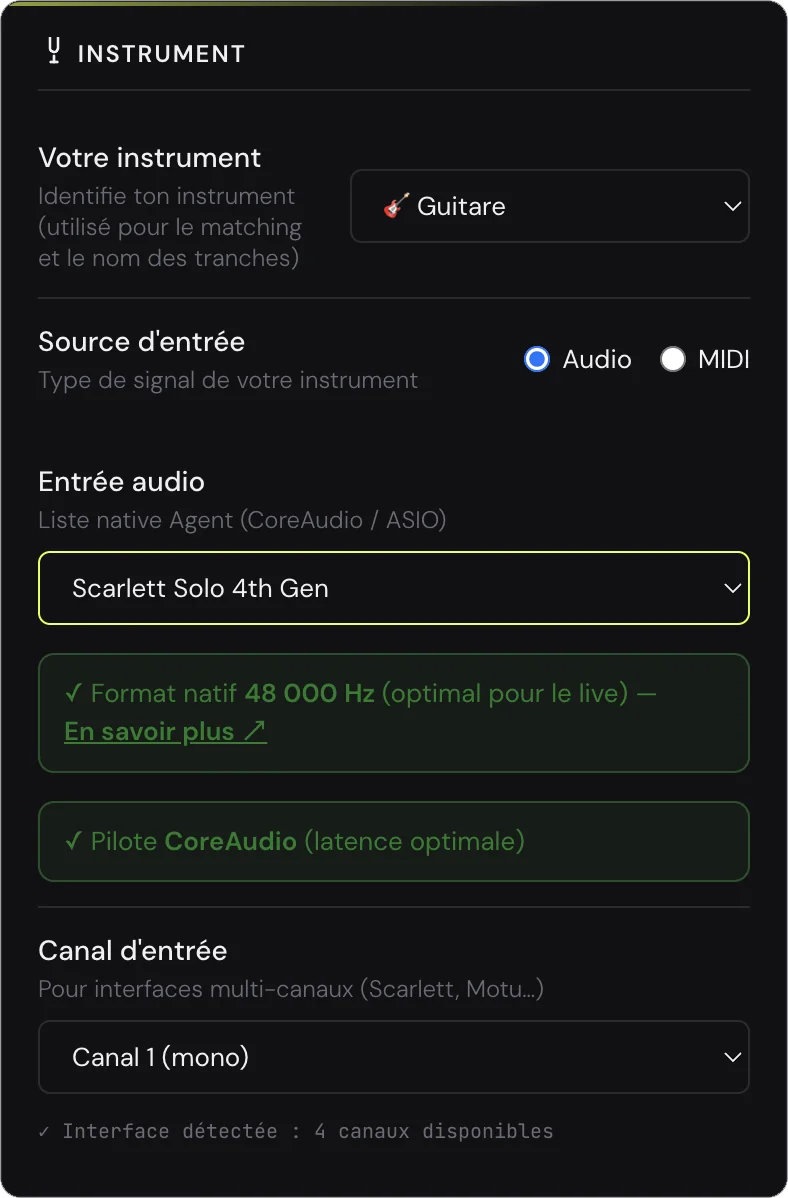 Panneau Instrument de Jamodio : Entrée audio sur Scarlett Solo, badges format 48 000 Hz et pilote CoreAudio, sélecteur de canal