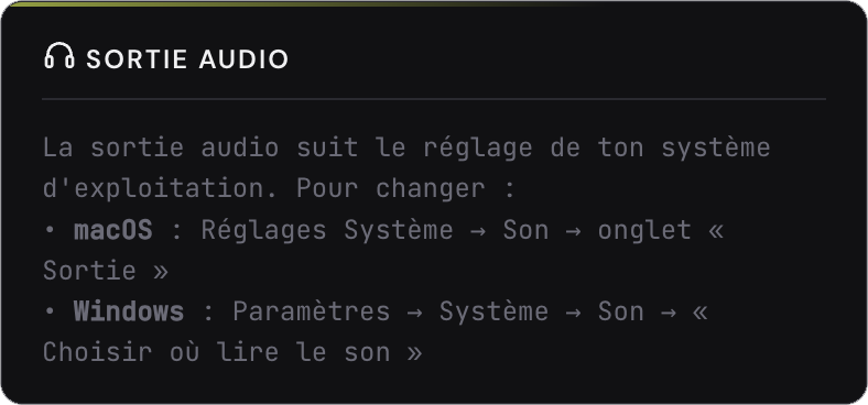 Section Sortie audio de Jamodio : la sortie suit le réglage du système d'exploitation