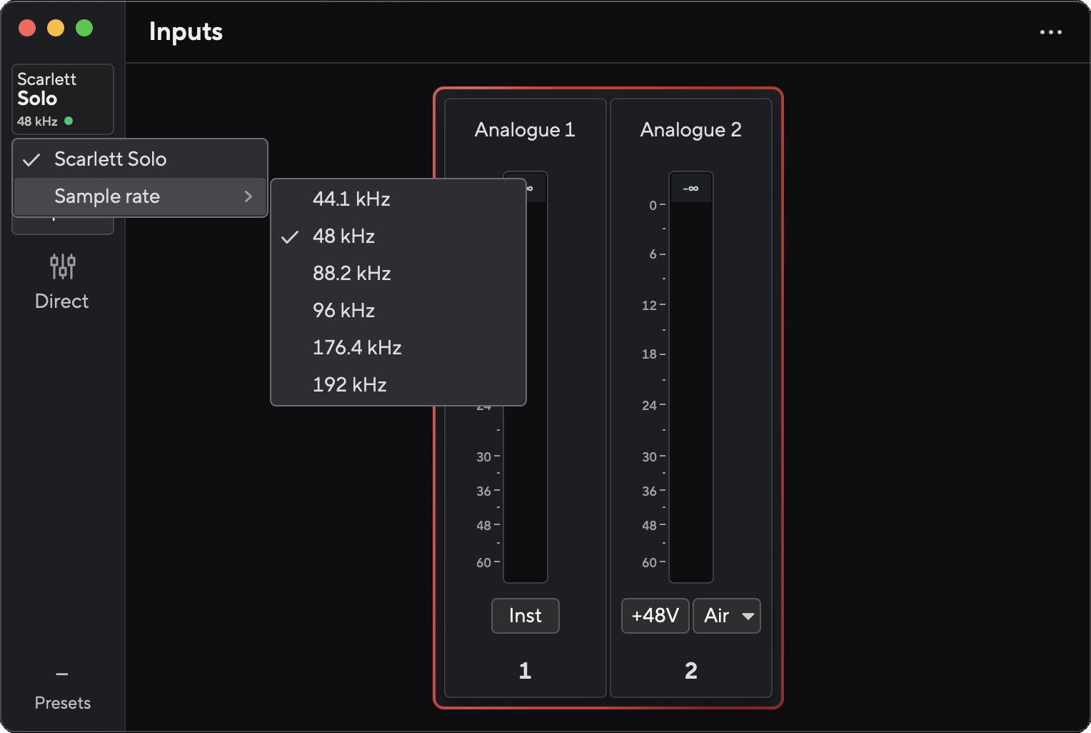 Focusrite Control : menu Sample rate réglé sur 48 kHz