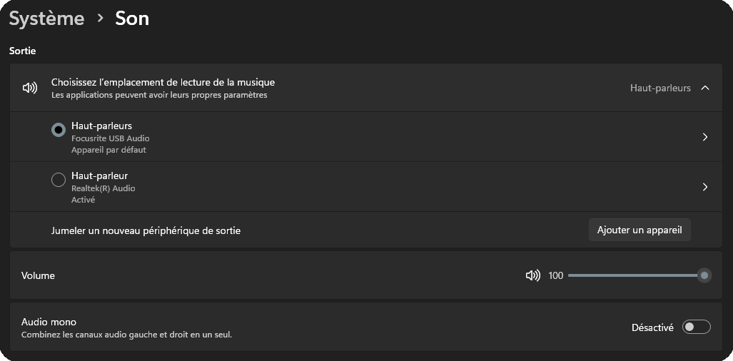 Windows Paramètres → Système → Son → Sortie, interface définie par défaut