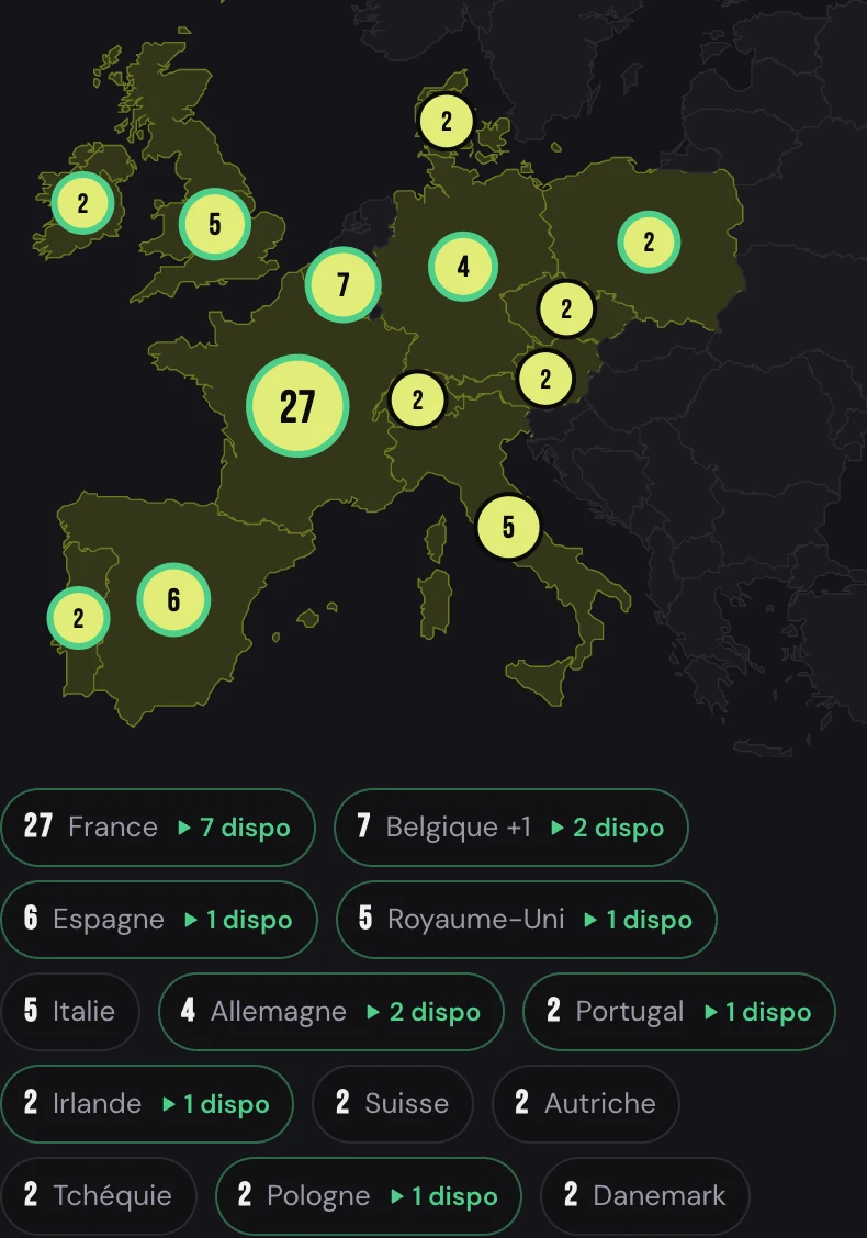 La carte de la Communauté : l'Europe avec des pastilles numérotées sur les villes où jouent des musiciens