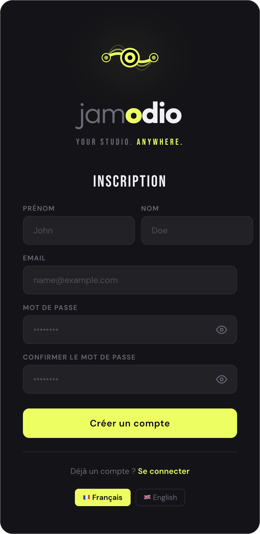 Formulaire d'inscription Jamodio (prénom, nom, email, mot de passe)