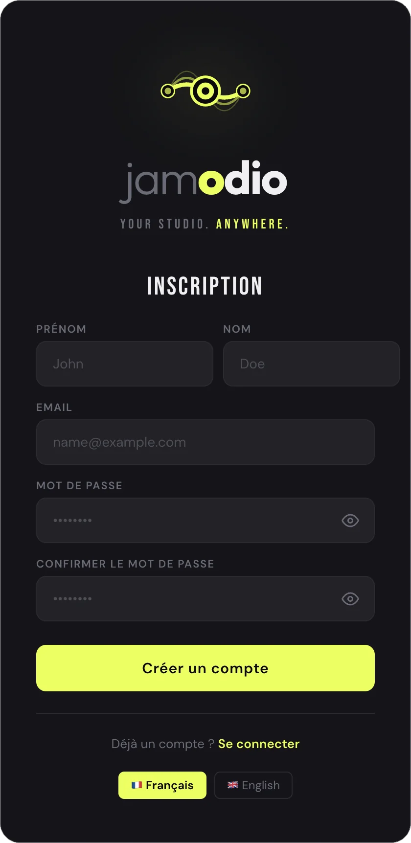 Formulaire d'inscription Jamodio (prénom, nom, email, mot de passe)
