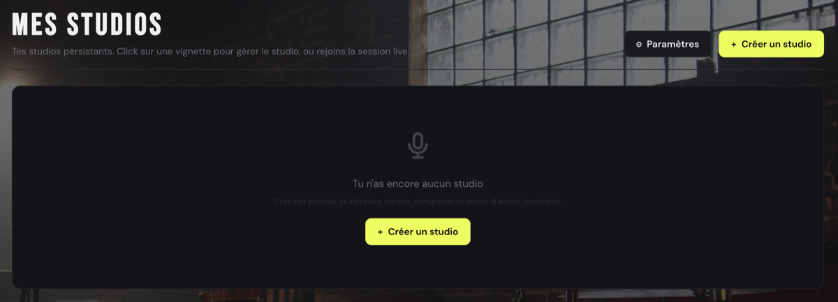 Vue Mes Studios avec le bouton Créer un studio