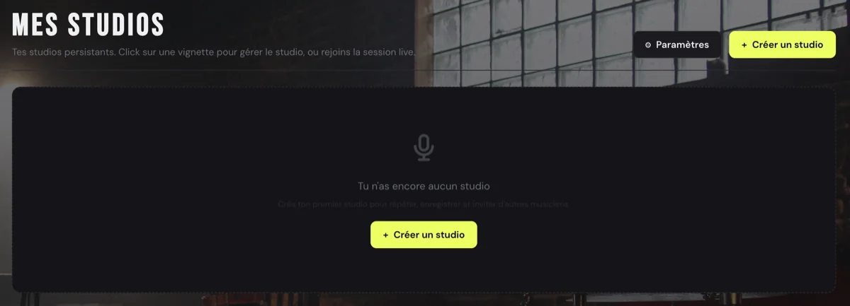Vue Mes Studios avec le bouton Créer un studio