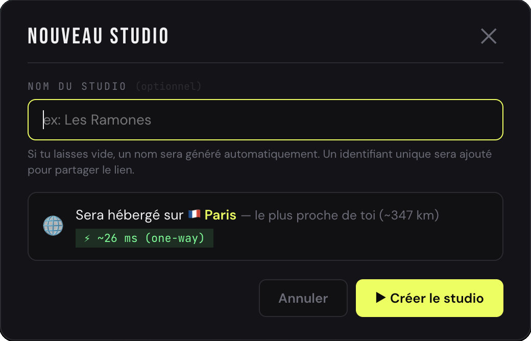 Fenêtre Nouveau studio : champ nom, serveur le plus proche et latence estimée