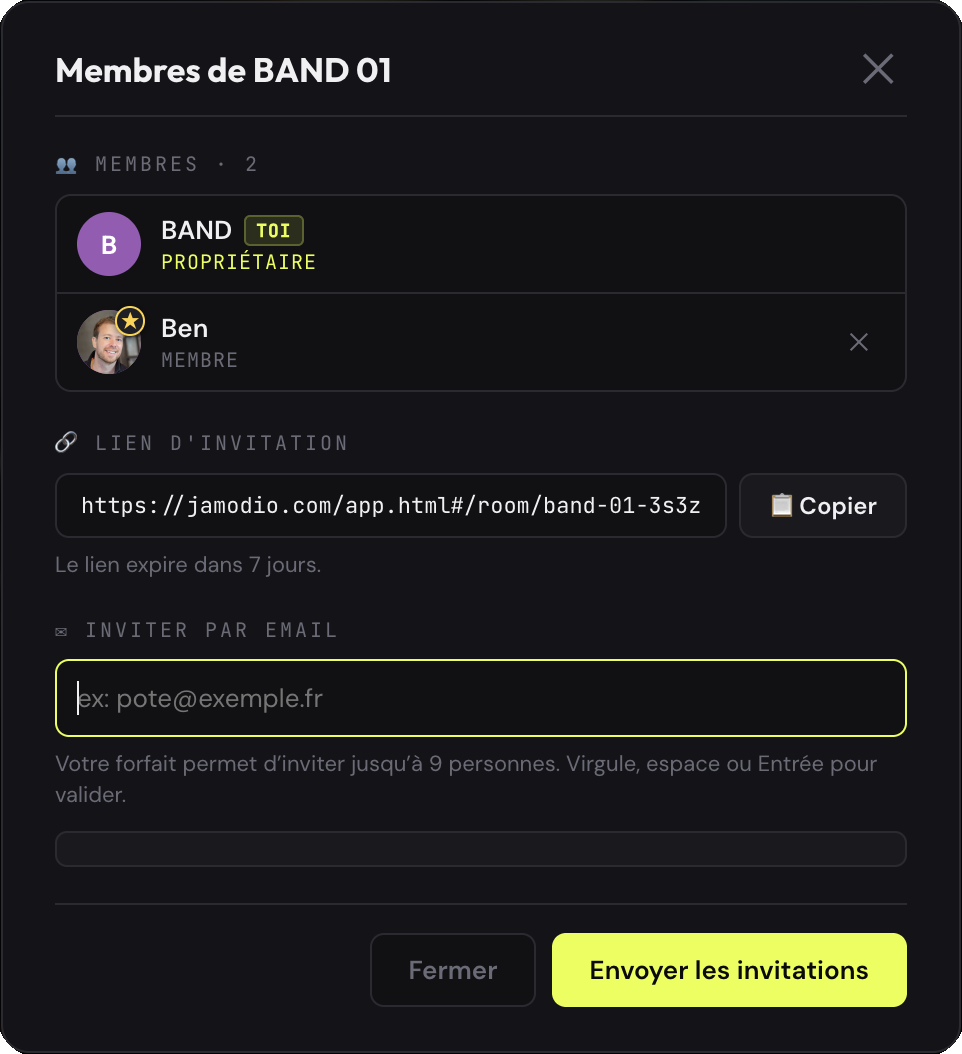 Fenêtre Membres : lien d'invitation et invitation par email