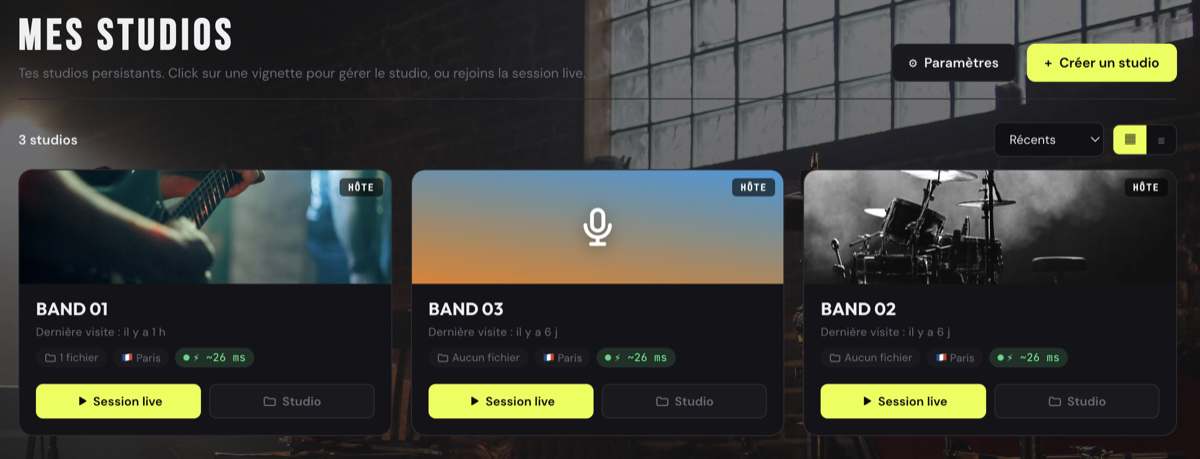 Vue Mes Studios avec trois studios et leur latence estimée