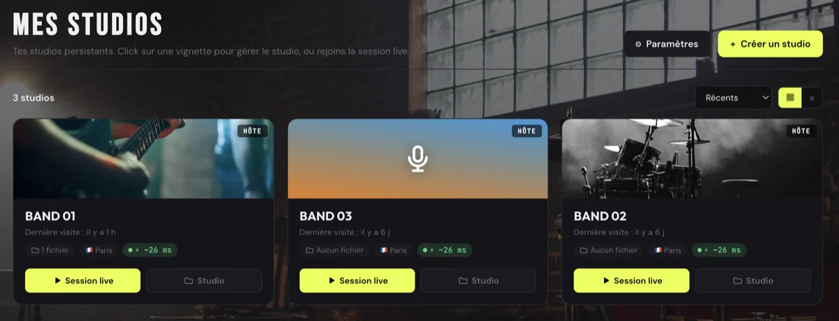 Vue Mes Studios avec trois studios et leur latence estimée
