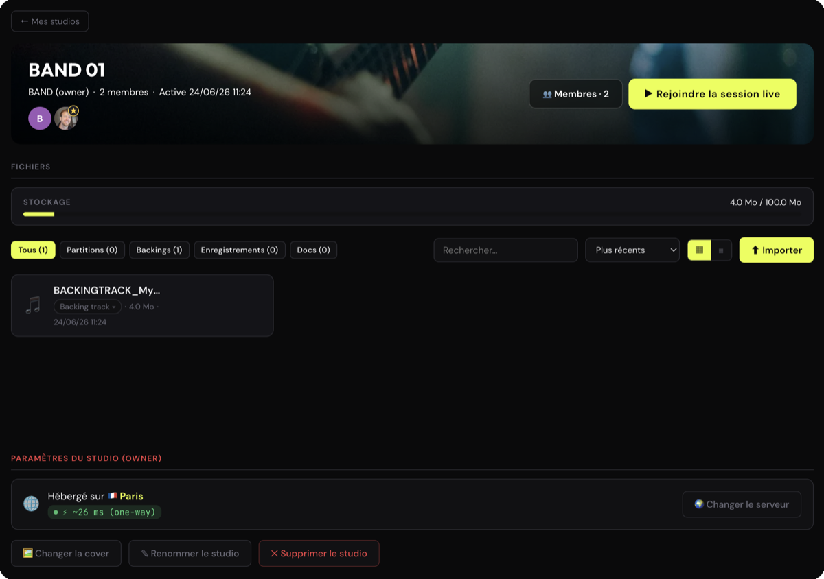 Vue Studio (configuration) : fichiers, membres, paramètres et bouton Rejoindre la session live