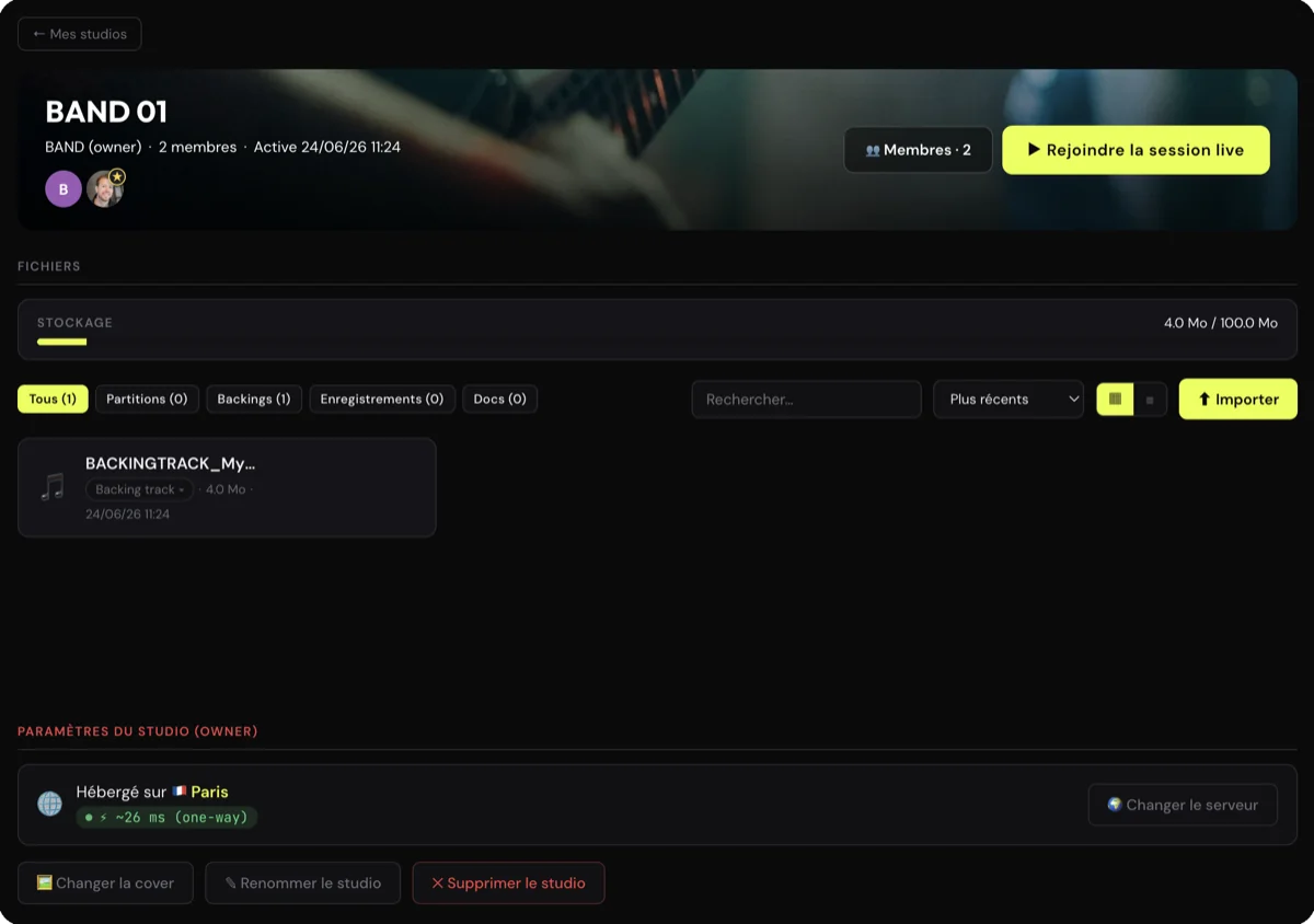 Vue Studio (configuration) : fichiers, membres, paramètres et bouton Rejoindre la session live