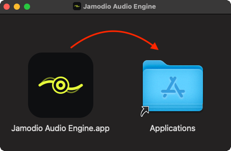 Fenêtre du .dmg : glisser Jamodio Audio Engine vers le dossier Applications