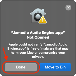 Avertissement macOS : Jamodio Audio Engine Not Opened, bouton Done