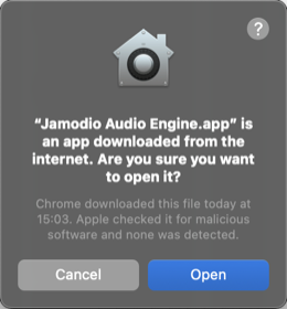 Confirmation macOS : Jamodio Audio Engine est une app téléchargée sur Internet, Apple l'a vérifiée, boutons Annuler et Ouvrir