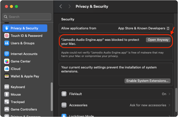 Réglages Système, Confidentialité et sécurité, bouton Open Anyway pour Jamodio