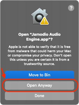 Boîte de dialogue de confirmation macOS avec le bouton Open Anyway