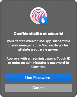 Demande d'authentification administrateur Touch ID ou mot de passe