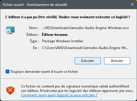 Avertissement de sécurité Windows, éditeur inconnu, bouton Exécuter