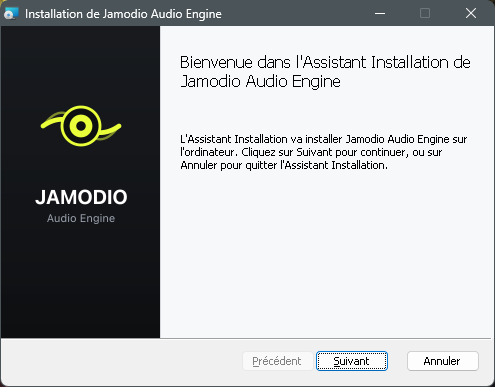 Écran de bienvenue de l'assistant d'installation Jamodio Audio Engine