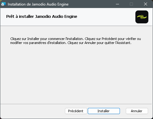 Écran Prêt à installer, bouton Installer