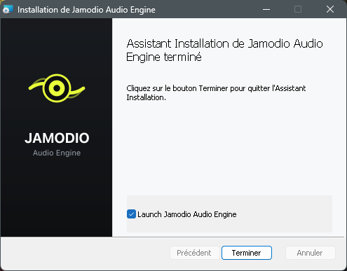Installation terminée, case Launch Jamodio Audio Engine cochée, bouton Terminer