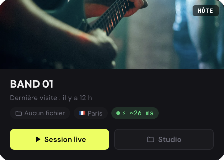 Carte d'un studio dans Mes Studios avec le badge vert « ~26 ms »
