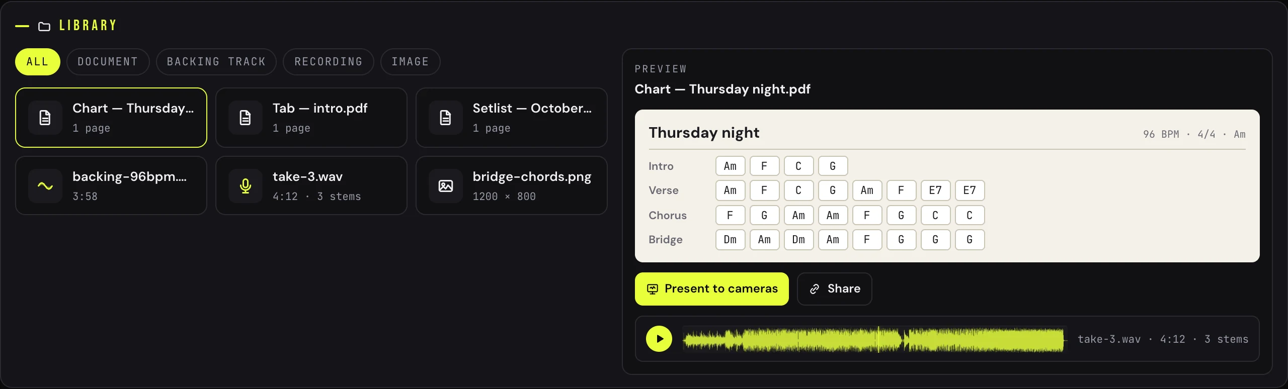 The Library tab: filters All / Documents / Backing / Recordings / Images, the file list with types, and the preview of a chord chart with the Present and Share buttons
