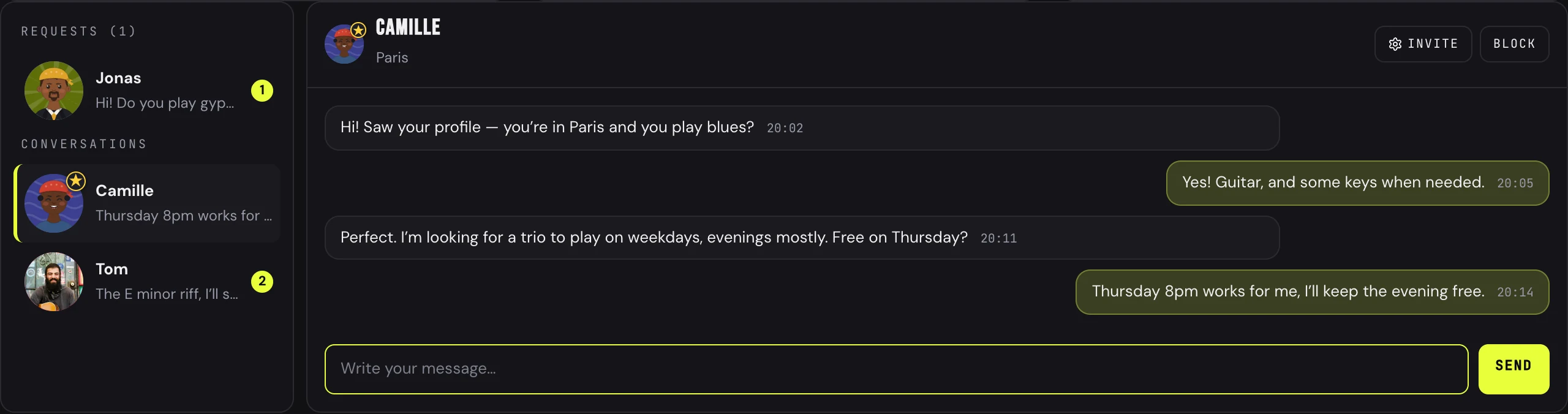 Messaging: requests and conversations on the left, a message thread with Camille on the right, the Invite and Block buttons, and the input field