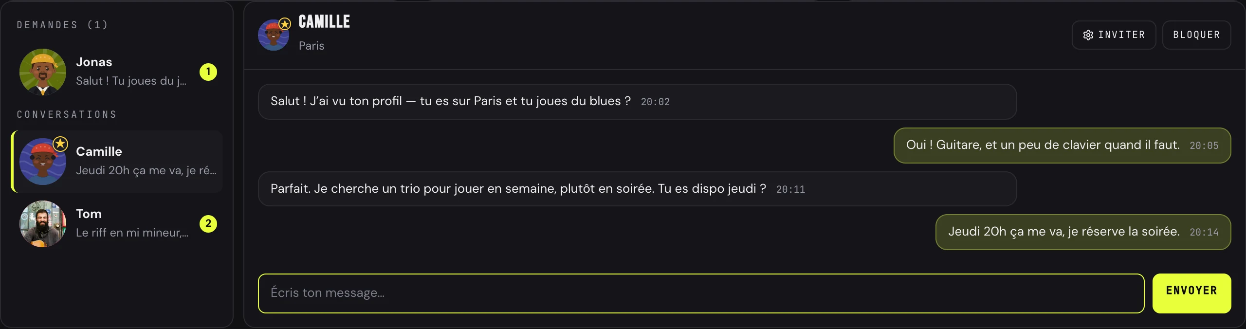 La messagerie : à gauche les demandes et les conversations, à droite un fil de messages avec Camille, les boutons Inviter et Bloquer, et le champ de saisie
