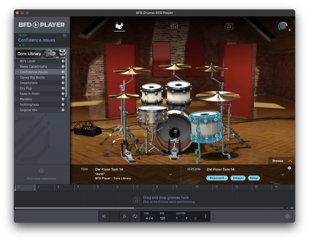 Fenêtre native du plugin BFD Player ouverte — interface réelle du plugin