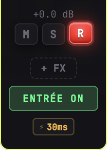 Bouton « + FX » sur la tranche, sous les boutons M/S/R