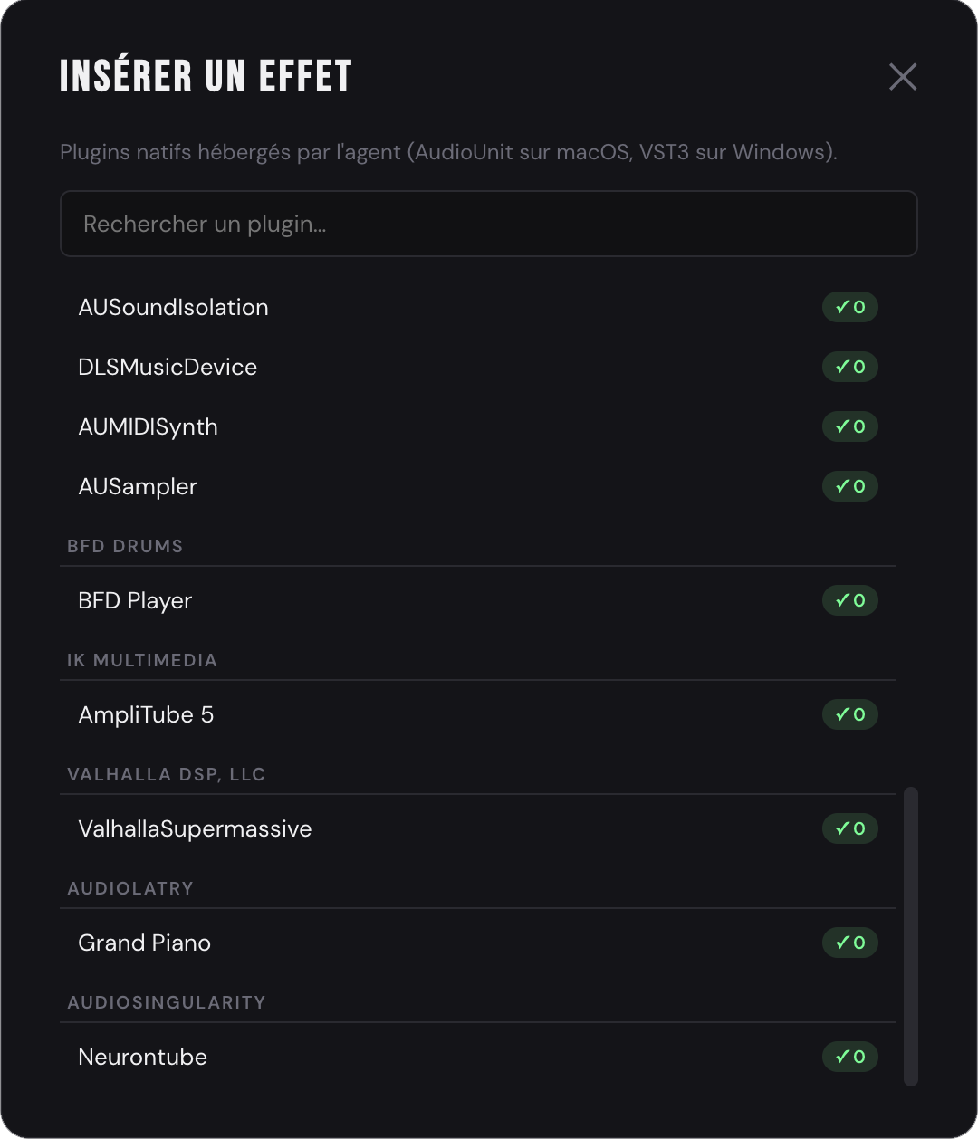 Modal « Insérer un effet » : plugins groupés par éditeur, badge de latence à droite