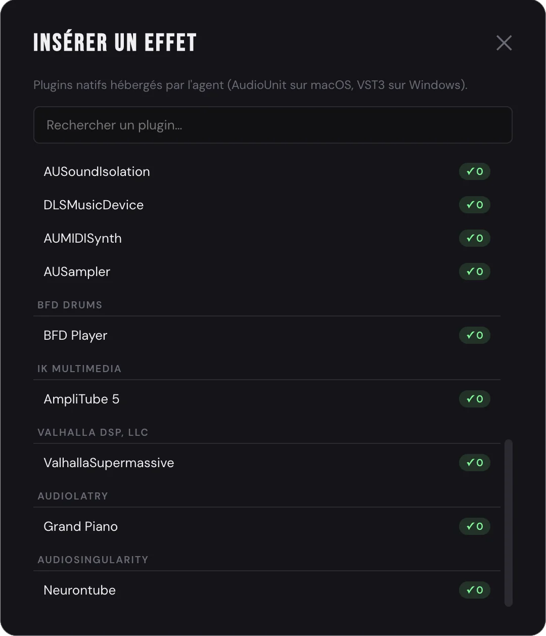 Modal « Insérer un effet » : plugins groupés par éditeur, badge de latence à droite