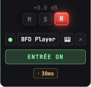 Tranche avec BFD Player chargé : point vert (bypass), nom du plugin, bouton clavier, croix pour retirer