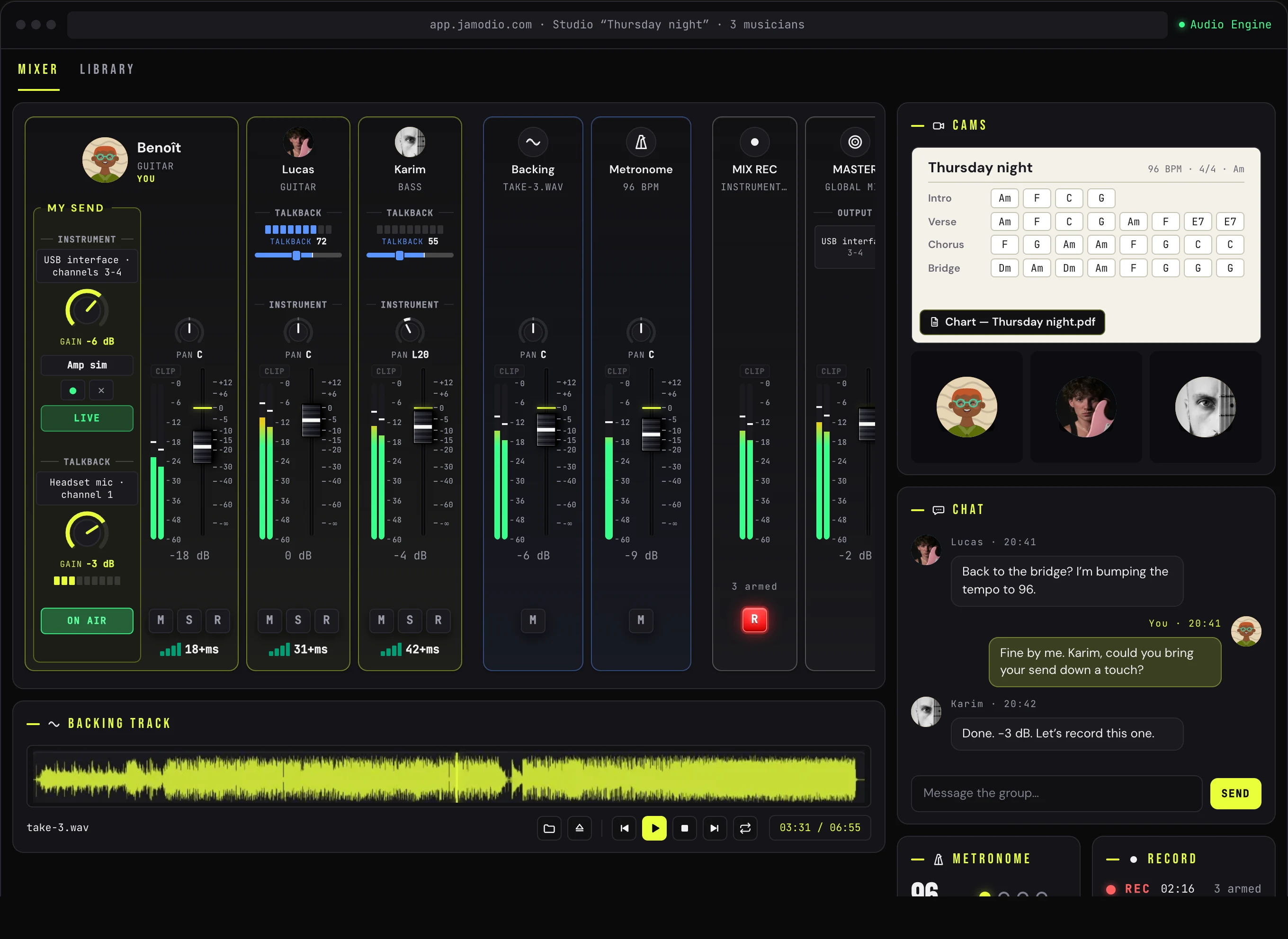 The Jamodio studio: the mixing console with your MY SEND strip and the musicians' strips, the backing track, the cameras with the shared chord chart, the chat, the metronome and recording