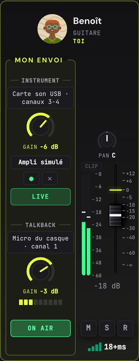Ta tranche MON ENVOI : instrument, plugin « Ampli simulé » avec ses boutons bypass et retirer, LIVE, talkback